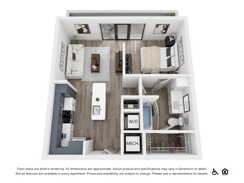 Floor plan for 1 bed, 1 bath, 607 sqft